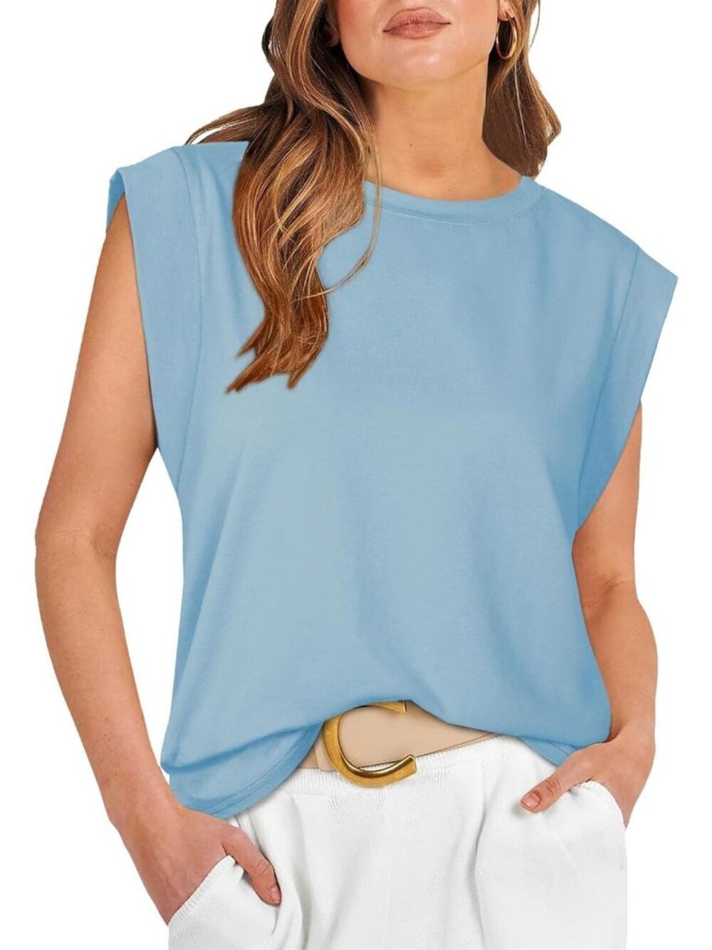 Women's Blue Pull On Cap Sleeve Tank Tops Sleeve Striped Business Basic Shirts